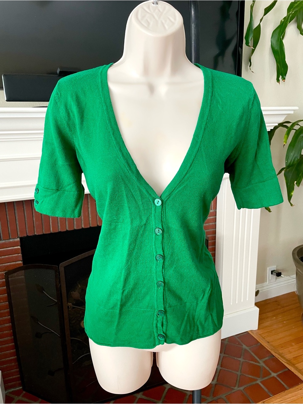 Ann Taylor Loft Emerald Green Short Sleeve Button-Down Sweater XS